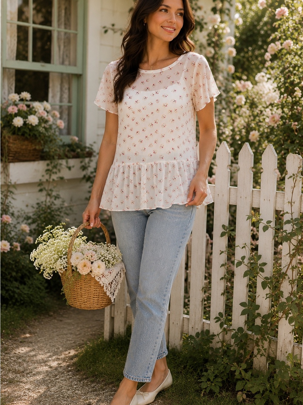 LOFT Petite White Floral Peplum Blouse Short Sleeve Romantic Cottagecore MP